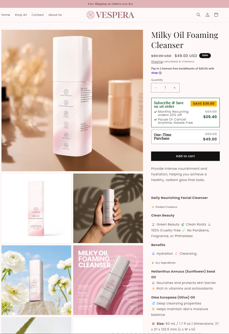Finished Shopify skincare storefront product page