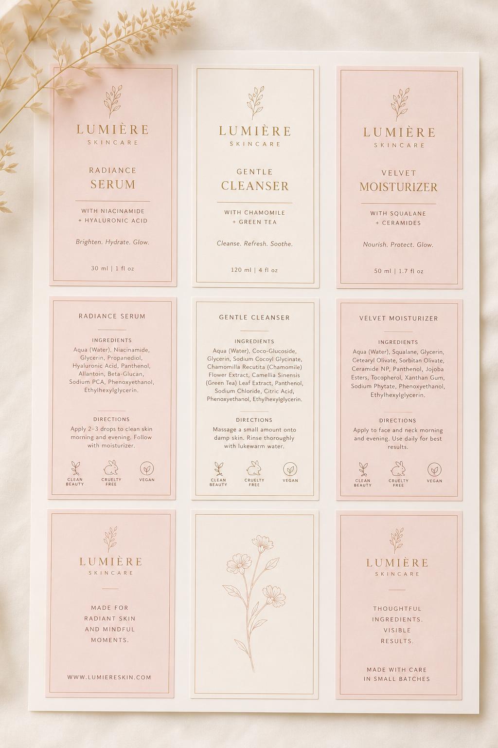 Printed custom skincare labels for serum, cleanser and moisturizer